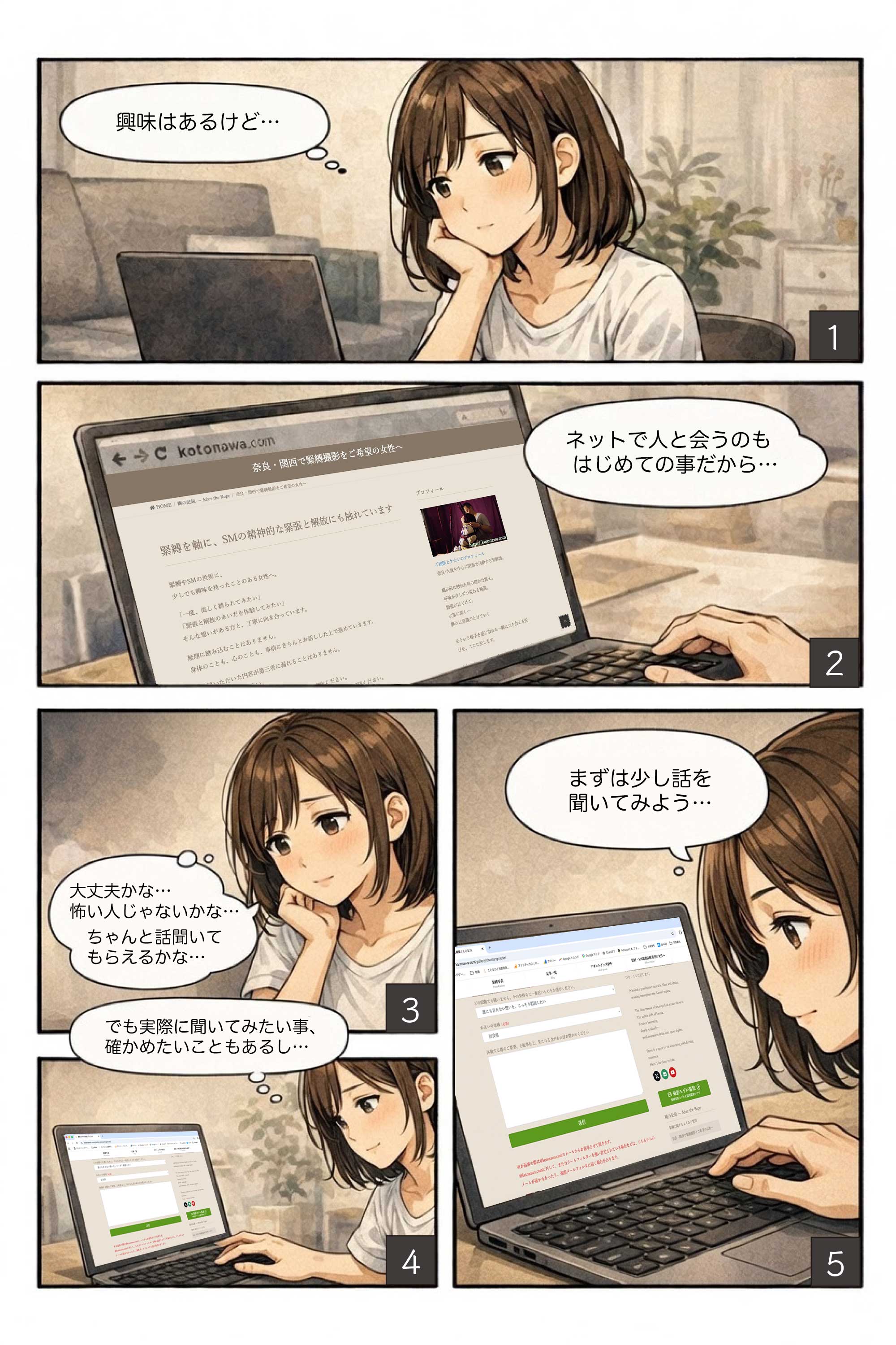 はじめての体験に興味はあるけど不安を感じる女性が、説明を読んで安心し問い合わせフォームを送信するまでの漫画