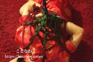 三色縄を使って蜘蛛の巣緊縛アートのモデルとなった30代女性